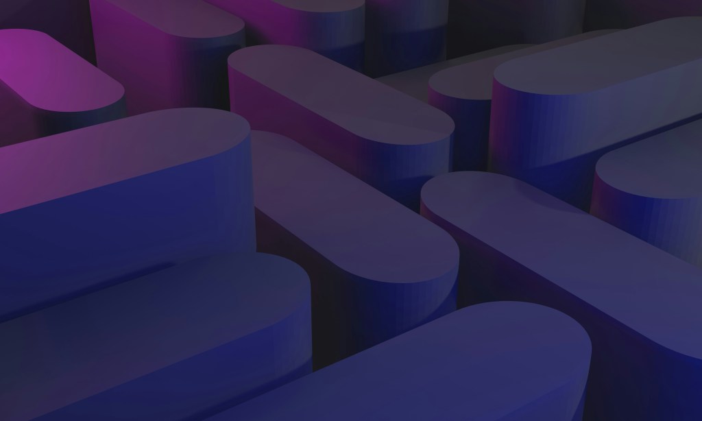 Abstrakt, geometriskt mönster med organiska former i lila och blåa toner.