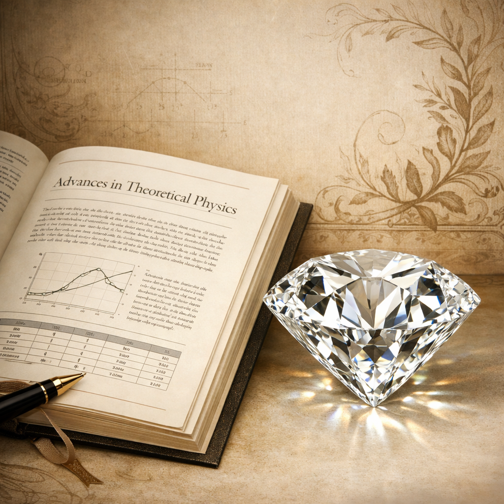 Open book titled Advances in Theoretical Physics with charts, next to a large sparkling diamond and a black pen